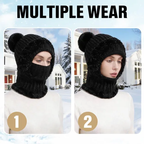 Miniatura 2 de Gorro 3 en 1 para mujer, pasamontañas de invierno con máscara facial, gorro de punto con forro polar con pompones, máscara de esquí resistente al