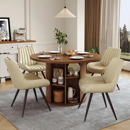Miniatura 31 de Miereirl Juego de mesa y sillas de comedor moderno redondo, con una mesa de comedor de madera equipada con compartimentos de almacenamiento