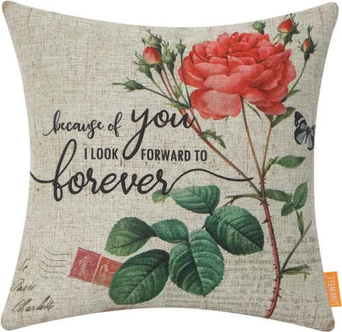 Funda de almohada floral de 18 x 18 pulgadas, funda de cojín decorativa de rosa roja para sofá, decoración vintage de campo francés, funda de
