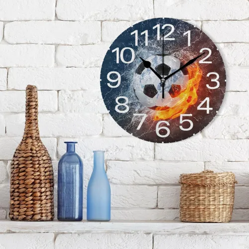 Miniatura 3 de Kigai Reloj de pared de balón de fútbol en fuego y agua, silencioso sin tictac, 10 pulgadas, funciona con pilas, relojes de pared redondos