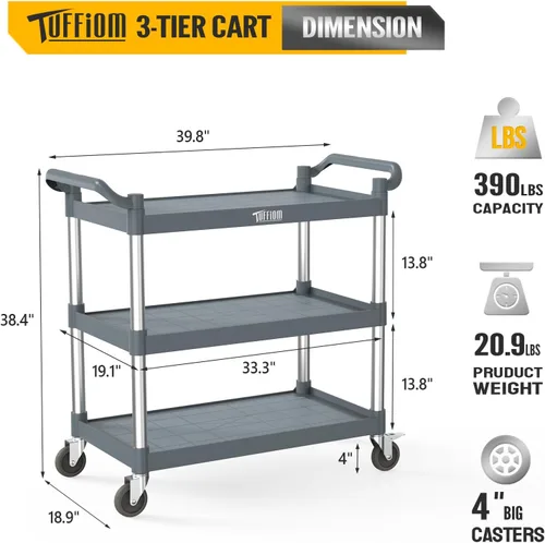 Miniatura 7 de TUFFIOM Carrito de servicio de plástico con ruedas, resistente capacidad de 450 libras, enrollado comercial de 3 niveles, ideal para restaurante