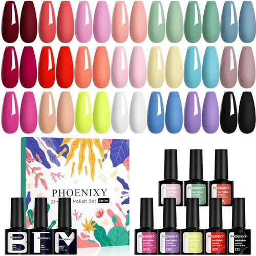 Miniatura 9 de phoenixy Juego de 24 esmaltes de uñas en gel, kit de uñas en gel removible de 21 colores, nude rosa rojo azul verde amarillo naranja, juego de 24