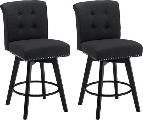 Miniatura 15 de Juego de 2 taburetes de bar giratorios de 360° con botón acolchonados, taburetes de bar tapizados de 26 pulgadas con patas de madera maciza
