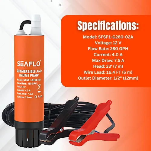 Miniatura 3 de SEAFLO Bomba sumergible en línea de 280 GPH - 12 V, bomba de transferencia portátil para agua de mar diesel/fresca, cabeza de 23 pies, cables de 16