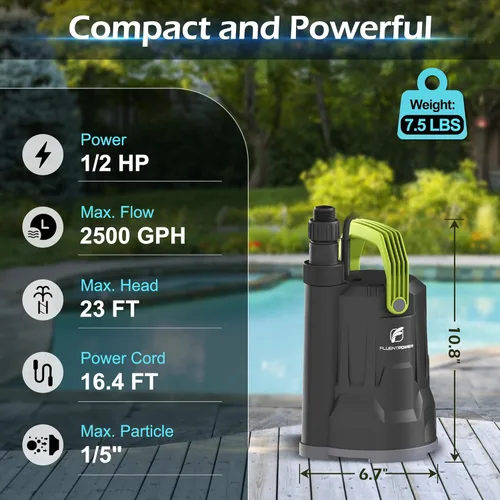 Miniatura 3 de FLUENTPOWER Bomba de sumidero, bomba de agua sumergible de 1/2 HP, bomba utilitaria de 2500 GPH de control manual para piscina, jardín, estanque