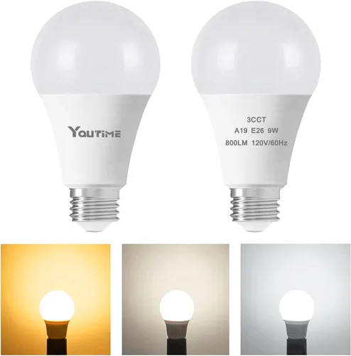 Youtime Bombilla LED A19 de 3 colores de temperatura 3000K-5000K-4000K, bombillas 3CCT que cambian de color, bombilla LED de ahorro de energía de 9