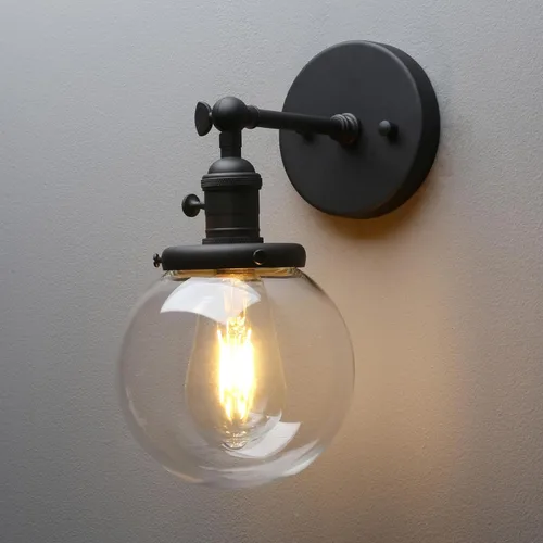 Miniatura 9 de PERMO Iluminación de candelabro de pared industrial vintage con sombra de globo de vidrio transparente redondo de 5,9" soplado a mano (Negro)
