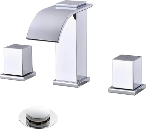 Miniatura 10 de Grifos de latón de lujo para fregadero de baño de 3 agujeros, 2 manijas, 8 pulgadas y montaje de drenaje desplegable de acero inoxidable, cromado