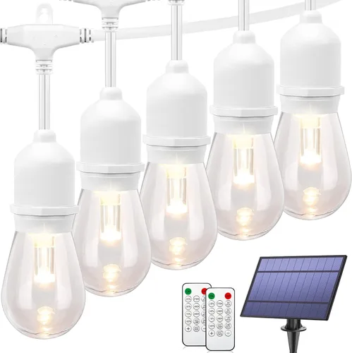 Mlambert Tira de luces solares regulables de 3 colores en 1 para exteriores, tira de luces de patio de 48 pies con control remoto y 15+3 bombillas