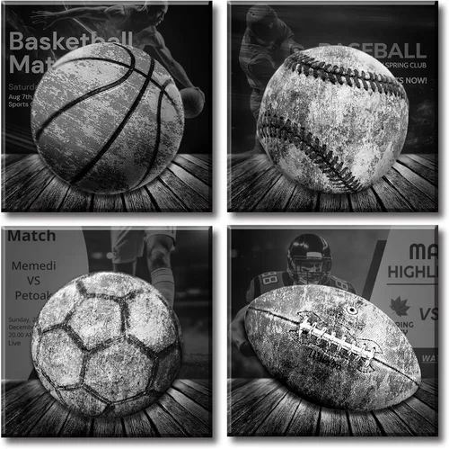 BLINFEIRU Decoración de Pared Deportiva para Niños, Arte de Pared Deportivo en Blanco y Negro, Arte Vintage de Fútbol Soccer, Fútbol Americano,