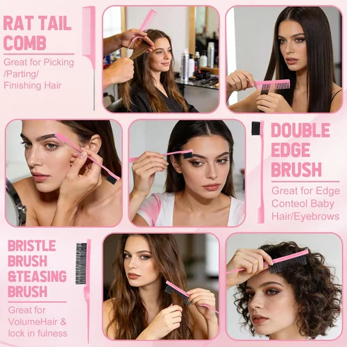 Miniatura 5 de ProSuites Juego de 76 cepillos de pelo rosa para bebés y niñas, cepillo de cuero cabelludo con asa, cepillo desenredante para el cabello, botella