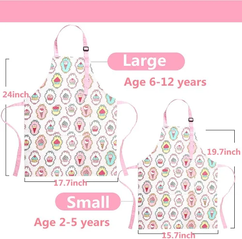 Miniatura 3 de Juego de delantal infantil y gorro de chef, delantales ajustables de algodón para niños con bolsillo grande, lindos para niñas y niños, baberos