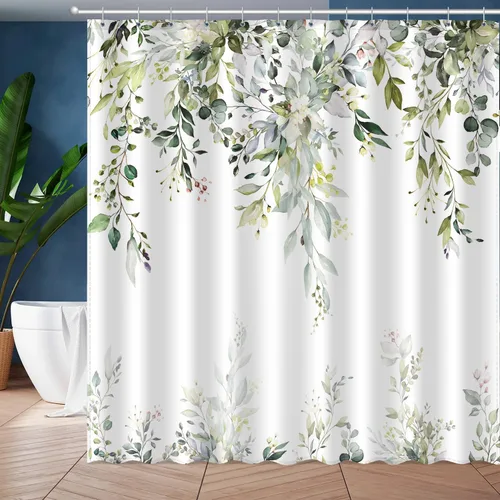 Miniatura 13 de JWXCBIM Cortina de ducha azul con hojas de eucalipto, cortina de baño decorativa con arte estético de acuarela de plantas y flores, juego de cortina