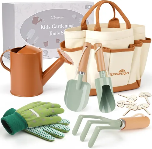 Miniatura 7 de Juego de jardinería para niños, kit de herramientas de jardinería para niños pequeños, incluye bolsa de mano, delantal, guantes, regadera, pala, Rosa