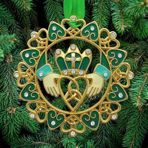 Miniatura 5 de Adornos de Navidad irlandeses – Diseño Claddagh dorado con joyas y esmalte – Caja de regalo con poema irlandés – Bolsa de almacenamiento de regalo