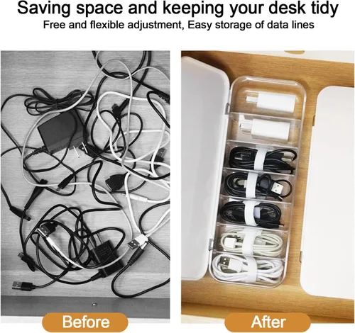 Miniatura 3 de Caja organizadora de cables con 14 bridas de alambre y 6 clips magnéticos para cables, caja de gestión de cables de escritorio con divisores y tapa