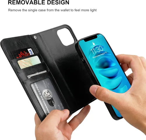 Miniatura 4 de Bocasal Funda tipo cartera desmontable para iPhone 14 Pro con bloqueo RFID, ranuras para tarjetas, soporte magnético de piel sintética de alta Negro