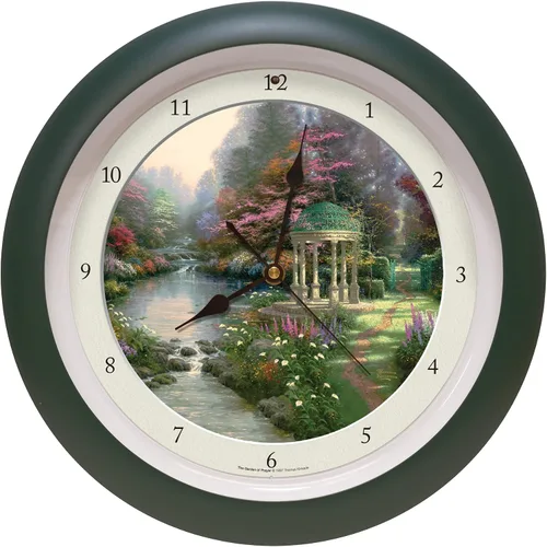 Mark Feldstein & Associates Thomas Kinkade Garden of Prayer - Reloj de pared calmante con sonidos naturales, 13 pulgadas, color verde