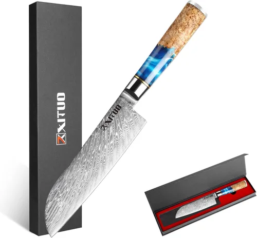 Miniatura 12 de XITUO VG10 Juego de cuchillos de chef japoneses de acero Damasco de 4 piezas, resina azul y mango de madera, cuchillo de chef de 8 pulgadas
