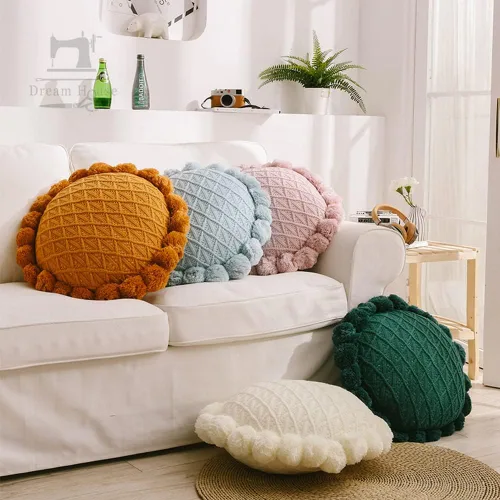 Miniatura 2 de vctops Lindos pompones de punto almohadas con inserto geométrico, cojín redondo suave para sofá cama (azul, diámetro de 20 pulgadas)