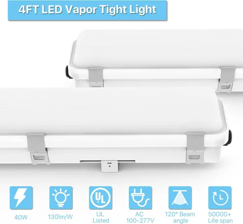 Miniatura 2 de HYPERLITE Lámpara LED hermética al vapor de 4 pies, 40W, 5200LM, IP65 impermeable, accesorio LED a prueba de vapor 5000K, 100-277V, lámpara LED al