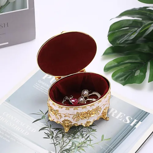 Miniatura 4 de Hipiwe Joyero de metal vintage, organizador ovalado con diseño de rosas, caja de almacenamiento para anillos, aretes, collar, regalo para mujeres