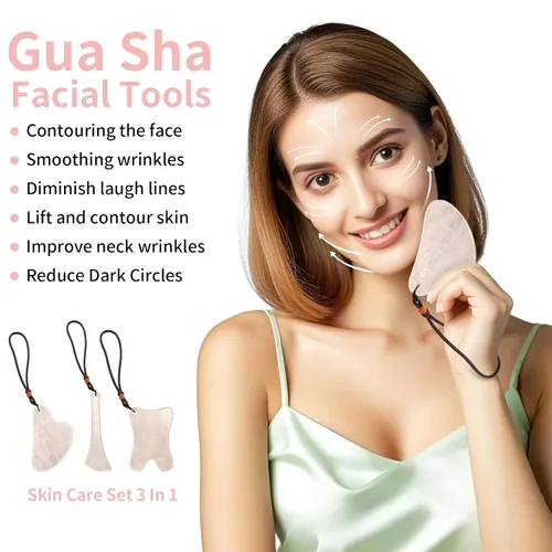 Miniatura 2 de Jade Gua Sha Masajeador Set de cuidado de la piel, paquete 3 en 1, herramienta Guasha rosa para cara y cuerpo, productos de belleza de piedra