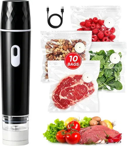 Compact Vacuum Sealer for Food, Vacuum Sealer Machine with 10 Reusable Vacuum Bags, KomBryvian Powerful Handheld Vacuum Sealers, Meal Saver,