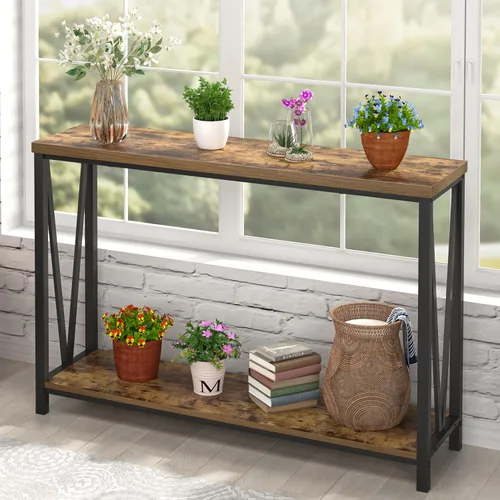 Miniatura 3 de EXCEFUR Mesa de entrada, sofá de madera rústica con almacenamiento, mesa de pasillo moderna para sala de estar, color gris