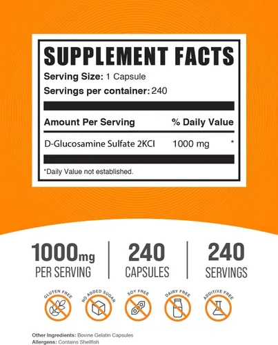 Miniatura 2 de BulkSupplements. com Cápsulas de sulfato de glucosamina - Suplemento de glucosamina, para apoyo articular - Sulfato de glucosamina 1000 mg, sin