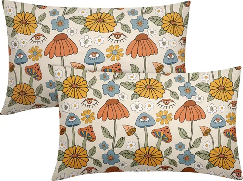 Miniatura 8 de Juego de 2 fundas de almohada retro bohemias, florales, amarillas y naranjas, de 16 x 16 pulgadas, estilo vintage de los años 70, con bonitos hongos