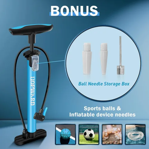 Miniatura 2 de Topward Bomba de neumáticos de bicicleta portátil, bomba de aire de mano para pelotas de ejercicio de bicicleta, inflables, se adapta a válvulas