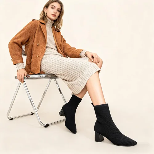 Miniatura 2 de Women's Ankle Boots Comfortable Pointed Toe Breathable Sock Knit Low Heel Fall Work Office Booties