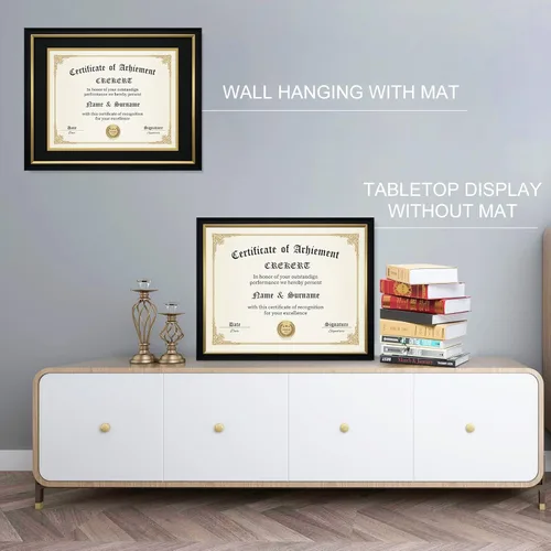 Miniatura 2 de Marco de diploma de 11 x 14 grados, madera maciza, vidrio inastillable para documentos, marco dorado negro de 8.5 x 11 pulgadas con paspartú
