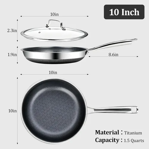 Miniatura 2 de Sartenes antiadherentes, sartén híbrida de titanio de 10 pulgadas con tapa, mango que se mantiene fresco, sartén profesional, apto