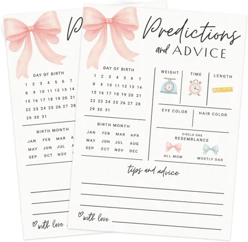 Miniatura 4 de Tarjetas de predicciones y consejos de baby shower de Printed Party – Diseño de lazo rosa, divertido juego de baby shower para invitados, actividad