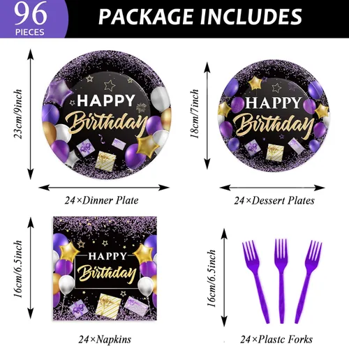 Miniatura 2 de Wiooffen 96 piezas de juego de vajilla para fiesta de cumpleaños morado - Juego de platos, servilletas y vajilla morados y negros, suministros