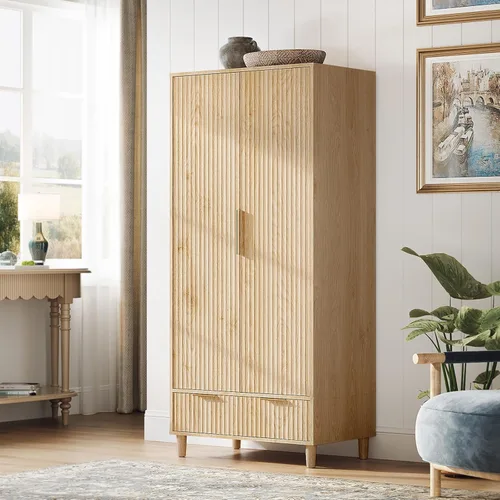 VINGLI Armario Ropero Acanalado con Puertas y Cajones, Gabinete Armario con Barra para Colgar, Armario de Dormitorio de Madera de Roble, Armario