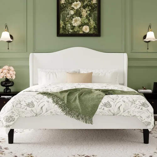 Miniatura 9 de SHA CERLIN Marco de cama de plataforma de terciopelo de tamaño completo con elegante cabecero con respaldo alado, diseño moderno y lujoso, listones