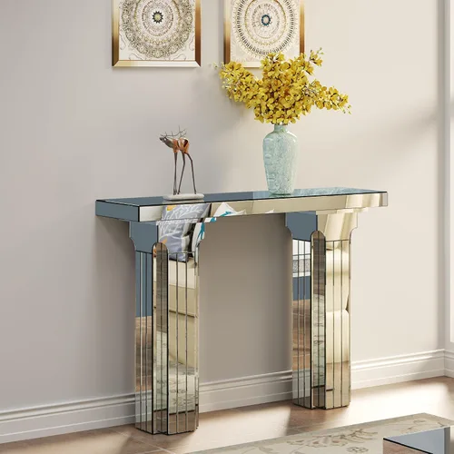 Miniatura 21 de Mesa Consola Negra con Espejo, Mesa de Sofá de Cristal Rectangular de 48 pulgadas con Elementos Tallados Vintage con Espejo, Muebles de Espejo