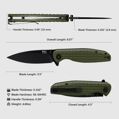 Miniatura 5 de Cuchillo plegable – Cuchillo de bolsillo plegable de acero D2 de 3.5 pulgadas, mango G10, apertura y cierre con una sola mano, rodamientos de bolas