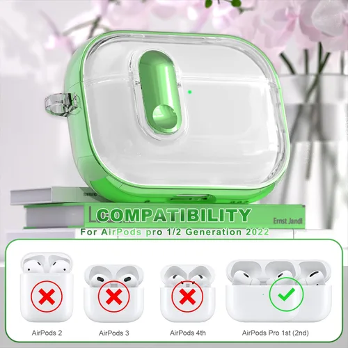 Miniatura 2 de RFUNGUANGO (con cerradura de seguridad) Funda protectora transparente para AirPods Pro de 2.ª/1.ª generación, Funda protectora de TPU suave Verde