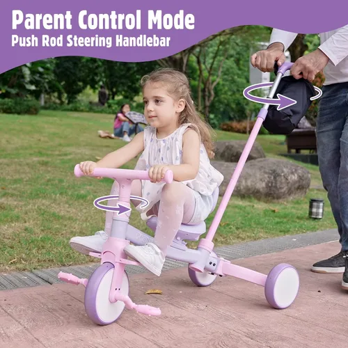 Miniatura 2 de Phobby Triciclo 5 en 1 para niños pequeños con mango de dirección para niños de 1, 2, 3, 4 años, triciclo para niños con pedales extraíbles, juguete