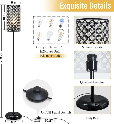 Miniatura 2 de GyroVu Lámpara de pie de cristal, moderna lámpara de pie con pantalla elegante, lámpara de pie negra con interruptor de pie de encendido/apagado