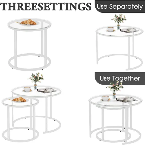 Miniatura 5 de aboxoo Juego de 2 mesas de cristal anidables blancas, pequeñas mesas redondas de vidrio para sala de estar, dormitorio, mesa de té decorativa