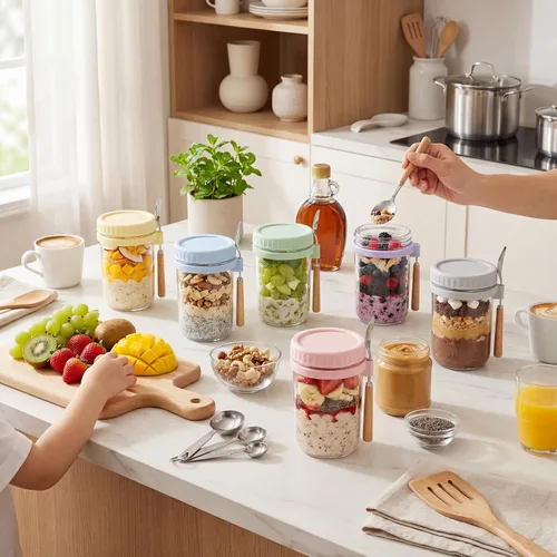 Miniatura 5 de HomArtist Recipientes de avena de 16 onzas con tapas y cucharas, paquete de 4 tarros Mason de boca ancha con tapas herméticas, tarros de avena
