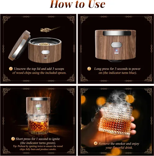 Miniatura 6 de Kit de ahumador eléctrico de whisky integrado, kit de ahumador de cóctel recargable con 6 virutas de madera, no requiere butano, se adapta a