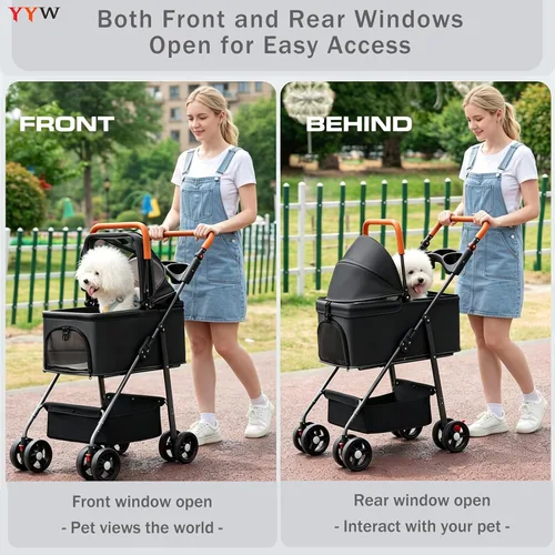 Miniatura 4 de YYW Cochecito para mascotas para perros y gatos pequeños, 3 en 1 plegable para gatitos, cachorros, carrito de paseo de viaje con portador extraíble