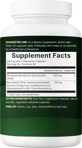 Miniatura 6 de Micro Ingredients NAD+ 500 mg con resveratrol, 240 cápsulas vegetales Suplemento NAD 2 en 1 para mujeres y hombres Alternativa NMN Pathway Sin