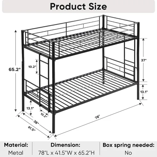 Miniatura 2 de Litera de metal individual sobre cama individual para niños, niñas, adolescentes y adultos, base de cama de tamaño individual con barandilla